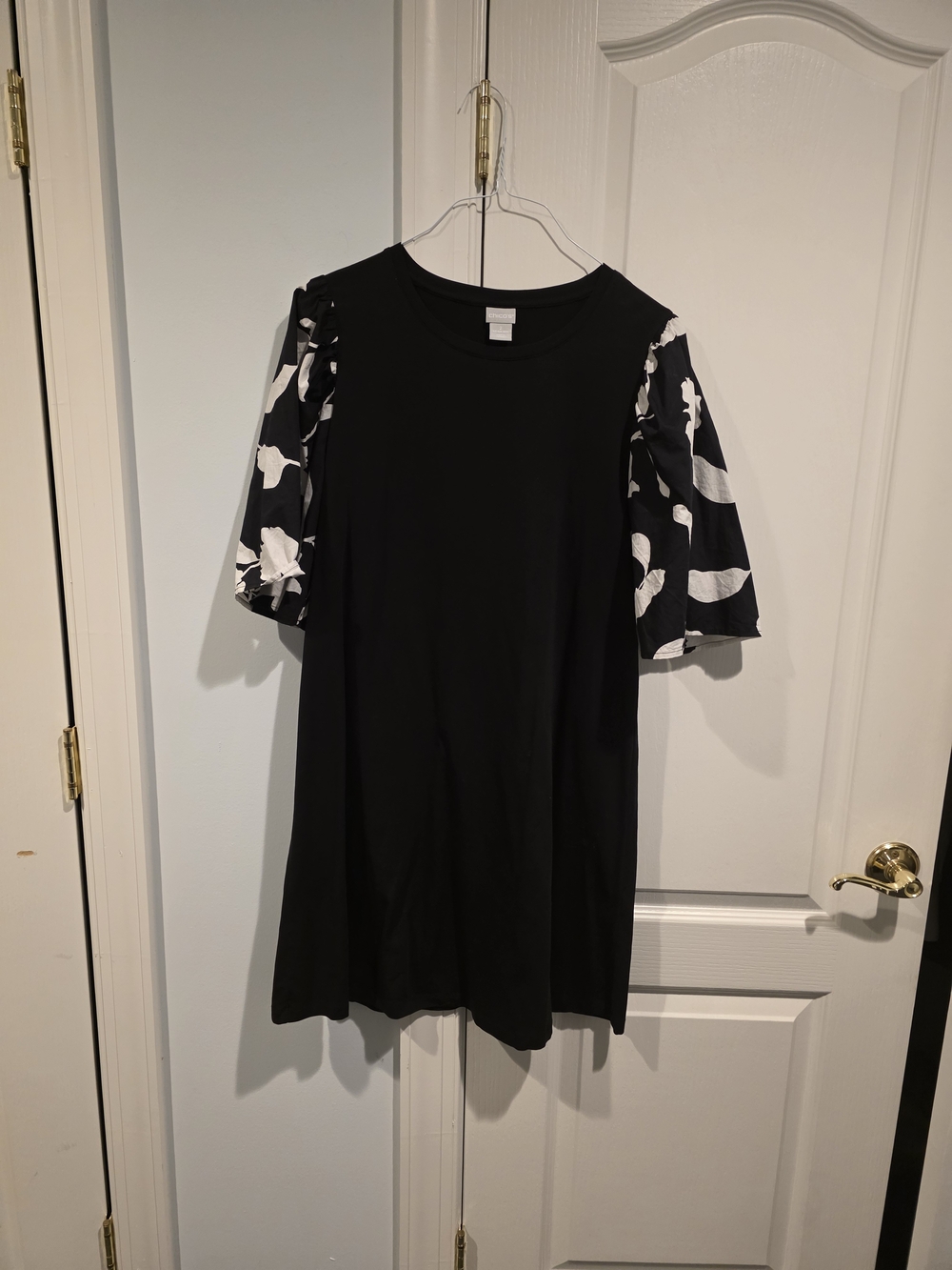 Chico's Black Mini Dress with Black & White Floral Puff Sleeves